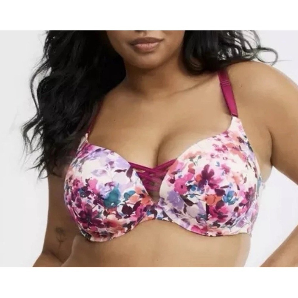 Torrid XO Plunge Push Up Bra 42 DDD Robin Floral 360 Back Smoothing Criss Cross